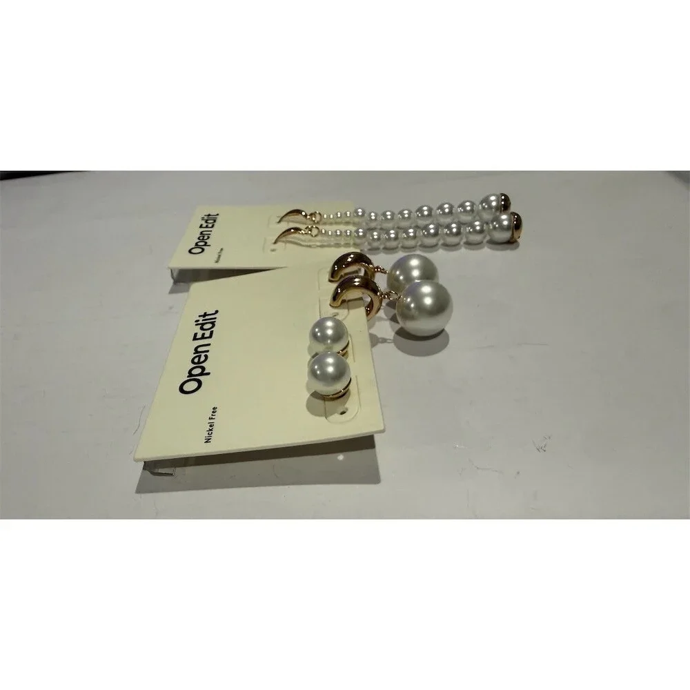 Open Edit Pearl Earrings Lot 3 Pairs White Gold Tone Stud & Drop Dangle cute set